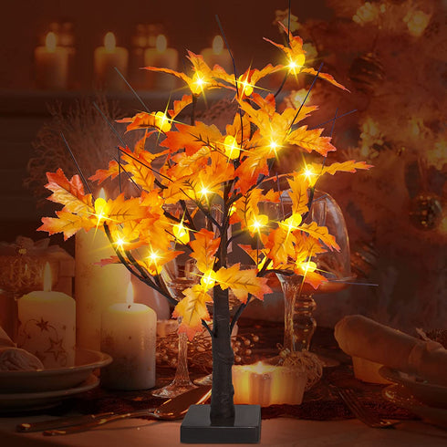 20-inch Fall Lighted Maple Tree, 24 Acorns LED Lights, Battery Operated Thanksgiving Table Decoration Tree, DIY Artificial Tree for Home Desktop Fireplace Autumn Harvest Tabletop Indoor Decor