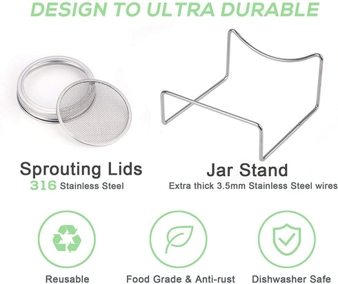 Sprouting Jar Kit - 2 Wide Mouth Mason Jars with 316 Stainless Steel Screen Sprout Lids, Tray,Stand and Brush | Seed Sprouter Set Germination Kit for Growing Broccoli, Alfalfa, Mung Bean (Black)