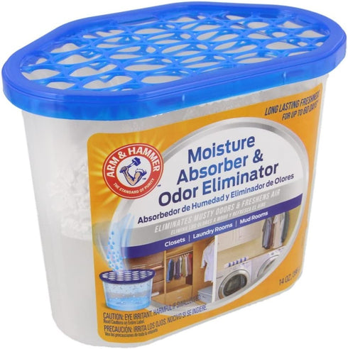 Arm & Hammer Moisture Absorber & Odor Eliminator 14oz Tub, 2 Pack - Eliminates Musty Odors & Freshens Air for Closets, Laundry rooms, Mud Rooms
