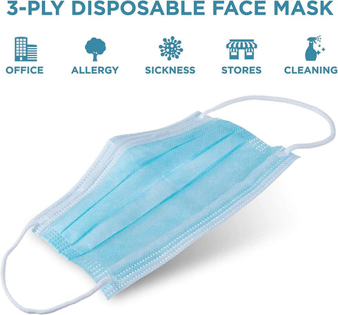 Wave Blue Disposable Face Masks | Indoor/Outdoor Protective Nose & Mouth Coverings with 3-Layer Safety Shield, Elastic Ear Loops & Comfortable Universal Design for Adults & Kids | Bulk Pack of 100