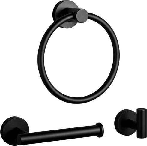 GAPPO 3 Piece Bathroom Hardware Accessories Set Matte Black SUS 304 Stainless Steel Wall Mounted Hand Towel Ring Toilet Paper Holder Robe Hook