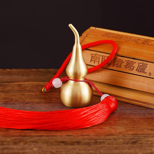 PAKUNDAS Feng Shui Brass Wu Lou Golden Gourd with Red Luck Strip Treasure Pendant for Bedroom,Car Hanging Ornaments,Fortune Protection,Hu Lu Bring Good Luck Safty Success,2.75inch Tall,100% Brass