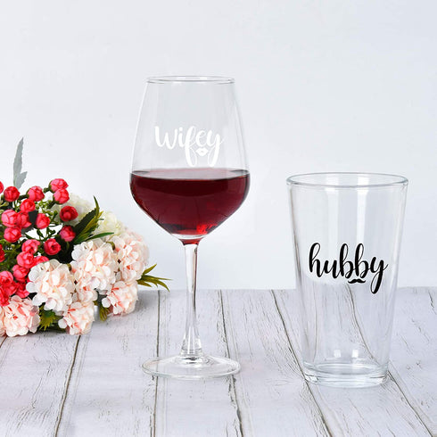 Wifey & Hubby Wine Glass and Beer Glass Set, Novelty Gift for Her Him Husband Wife Newlywed Couple, Perfect Glass Set for Bridal Shower Birthday Valentine™s Day Wedding Engagement Anniversary