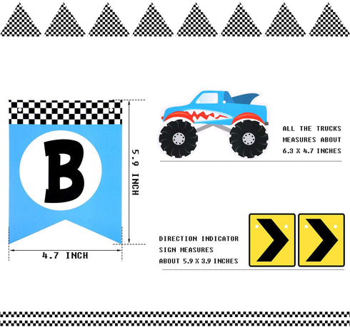 39 Piece Monster Truck Birthday Party Supplies Happy Birthday Banner Monster Truck Banner Triangle Bunting Flags Pom Poms Flowers Hanging Swirls Truck Shape Balloons Multicolor Balloons Cupcake Topper
