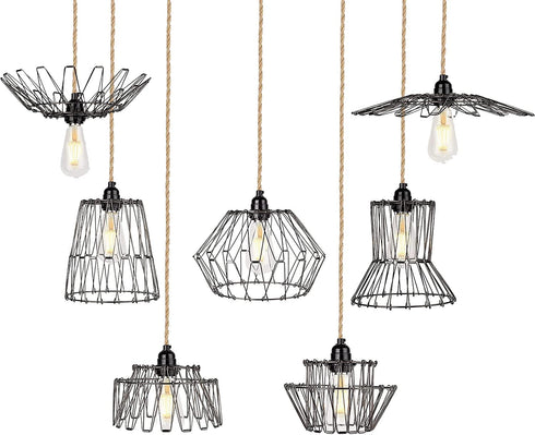 Farmhouse Black Plug in Metal Pendant Light - Industrial 15 Ft Hanging Lamp Kit Hemp Rope Light Cord Metal Cage Deformable Lampshade Lighting Fixtures with for Living Room Bedroom Loft DIY Decor