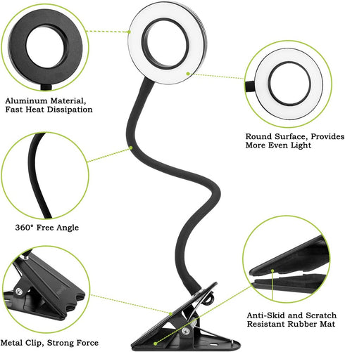 CeSunlight Clip Light, 8W Clamp Bed/Desk Lamp, Webcam Light Video Conferencing, Warm & Daylight & White Light 3 Colors, Eye-Care 10 Dimmable Illumination Modes (Black)