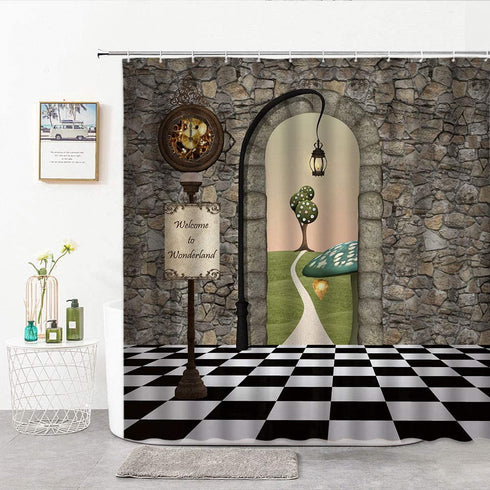 Xnichohe Fairy Tale Wonderland Shower Curtain Brave Girl Adventure Black White Floor Mushroom Lantern Clock Polyester Cloth Fabric Bathroom Curtains Decor Set with Hooks,70 x 70 Inches