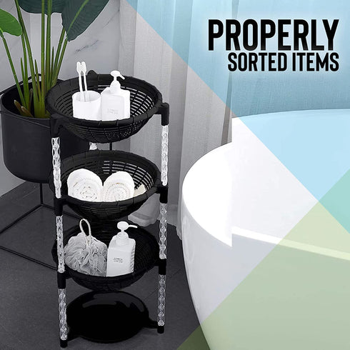 Uncluttered Designs Stacking Basket Bins (4 Tier + Plate) for Kitchen Cabinet, Pantry, Closet, Bedroom, Bathroom Organization & Storage (Black)