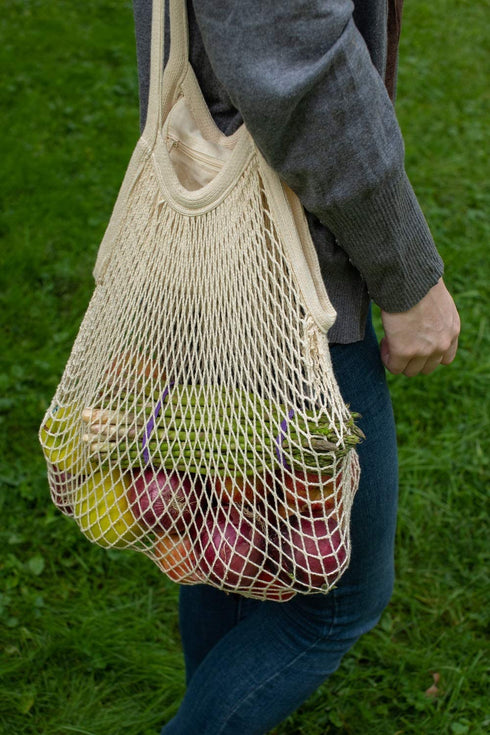 Organic Cotton Mesh Tote Bags Reusable Mesh Grocery Bags - Reusable Shopping Bags for Groceries - French Market Bag - Fish Net Farmers Market Bag - Mesh Produce, Vegetable & Grocery Bags (3 Bags)
