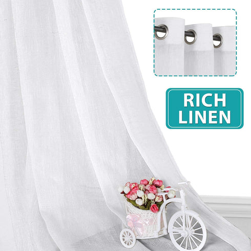 Linen Blended Curtains Semi Sheer Curtains 63 Inches Long Light Filtering Nickel Grommet Window Treatment Panels Privacy Added Drapes for Bedroom/ Living Room, Set of 2, White