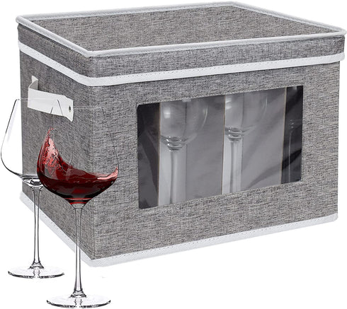 Stemware Storage Box with dividers, China Storage Containers Wine Glass Storage Containers with Lids and handles, Holds 12 Wine Glasses or Crystal Glassware (Grey)