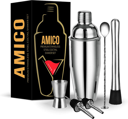 Amico Premium Stainless Steel Bar Set 24 Ounce with 6 Pcs Accessories Innovative Rubber Ring Design with Mixing Spoon, 2 Pourers, Jiggle & Muddler Built-in Bartender Strainer (Includes Muddler)