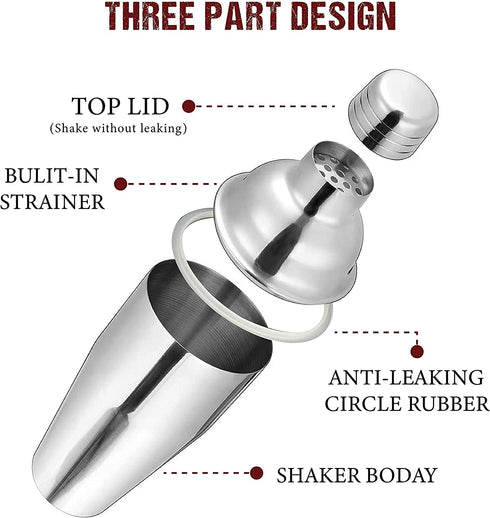 Amico Premium Stainless Steel Bar Set 24 Ounce with 6 Pcs Accessories Innovative Rubber Ring Design with Mixing Spoon, 2 Pourers, Jiggle & Muddler Built-in Bartender Strainer (Includes Muddler)