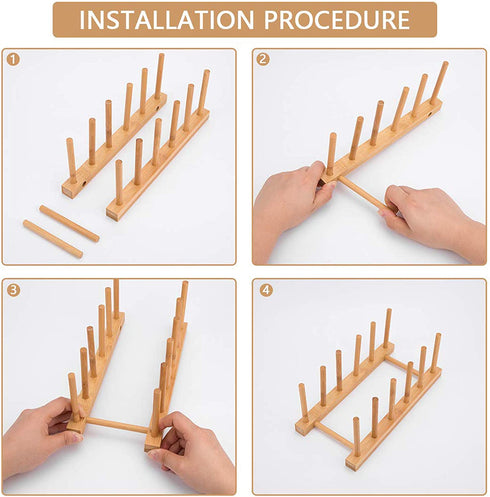 CL1949 Multifunctional Bamboo Wood Dish Rack Drain/Dry/Storage Plate Rack-Standing Kitchen Rack Cabinet Organizer (4 divisions)