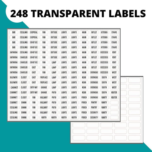 Light Switch Label Sticker Clear Transparent with Text. for Home, Kitchen, Bathroom, Office School Use. 248 Clear Labels (Includes Blank Labels)