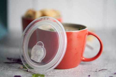 Kook Ceramic Soup Mugs, with Handle and Vented Plastic Lid, Microwave Safe, Travel Cups, for Coffee, Cereal, Noodles and Tea, 25 oz, Set of 2,Cherry/Grey