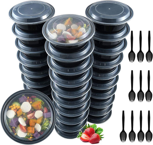 Plastic Meal Prep Containers, 30 Pack 32 oz, Reusable Food Storage Containers with Lids, Salad Container for lunch, Disposable Salad Bowls, Food Prep Bowls, Takeout Bento Box Freezer 10 Forks