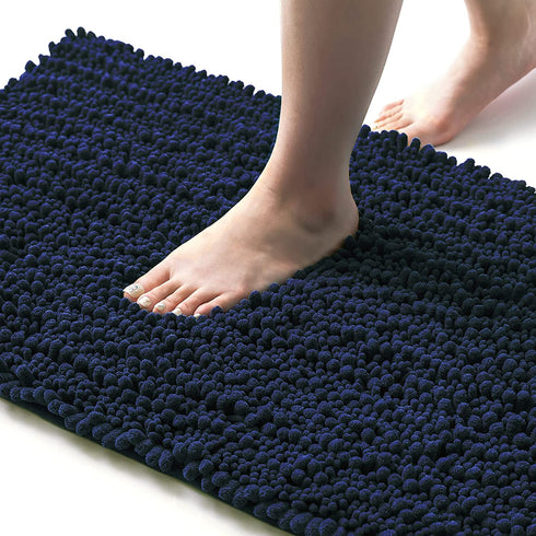 TEESHLY Luxury Chenille Bath Rug for Bathroom - Extra Soft Absorbent Thick Shaggy Bath Mat, Non Slip Machine Washable Plush Carpet Floor Mat for Tub, Shower, and Room (Navy, 32" x 20")