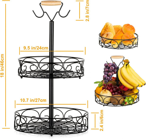 2-Tier Fruit Basket Bowl with Banana Hanger for Kitchen, Detachable Vegetables Countertop Storage for Kitchen Organizer, Large Capacity Home Decor Fruit Stand Holder Tray for Bread, Snacks, Black