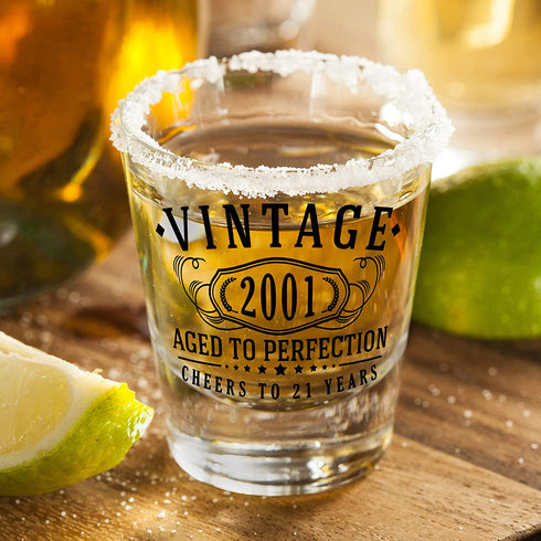 2pk Vintage 2001 Printed 2oz Shot Glasses - 21st Birthday Aged to Perfection - 21 years old gifts