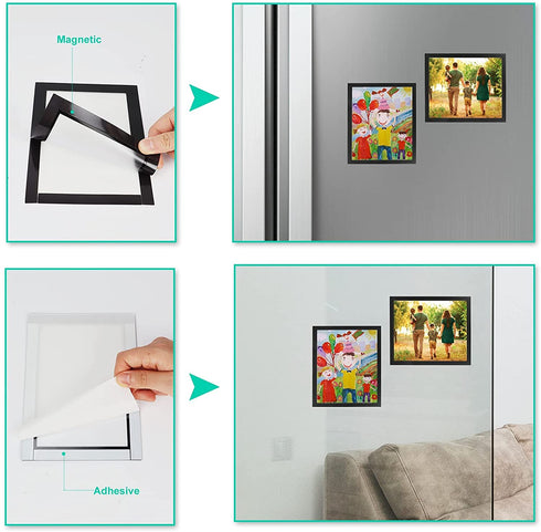 CRUGLA 8x10 Magnetic Picture Frames for Refrigerator, Modified Magnetic Sheet with Self Adhesive Backing Black Collage Photo Craft Frame Set for Glass Window Door Cubicle Tile, 12 Packs