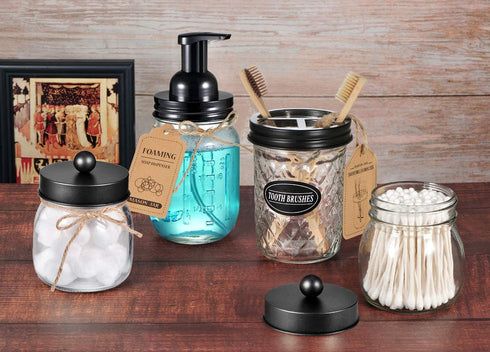 Mason Jar Bathroom Accessories Set 4 Pack - Foaming Soap Dispenser&2 Qtip Holders&Toothbrush Holder-Rustic Farmhouse Decor Bathroom Organizer Apothecary Jar Country Countertop (Black)