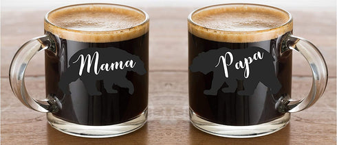 Mama Bear Papa Bear - 13oz Glass Coffee Mug Couples Sets - Funny His and Her Gifts - Husband and Wife Anniversary Presents - By CBT Mugs