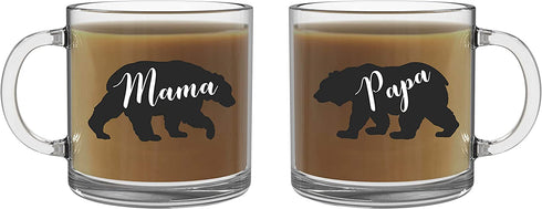 Mama Bear Papa Bear - 13oz Glass Coffee Mug Couples Sets - Funny His and Her Gifts - Husband and Wife Anniversary Presents - By CBT Mugs