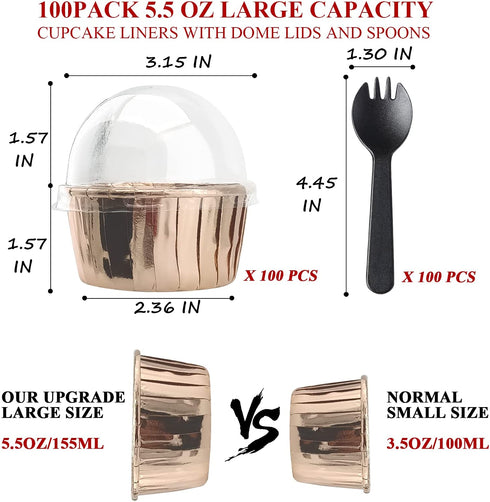 Foil Cupcake Liners With Lids 100 Pack,LNYZQUS 5.5 Oz Cupcake Tins Muffin Tins,Disposable Ramekins Muffin Cups Cupcake Cups Wrappers Holders For Wedding Party,with Spoons-Champagne