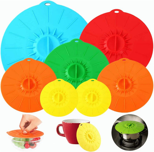 7 Pack€‘Silicone Lids, Microwave Splatter Cover, 5 Sizes Reusable Heat Resistant Food Suction Lids fits Cups, Bowls, Plates, Pots, Pans, Skillets, Stove Top, Oven, Fridge, BPA Free