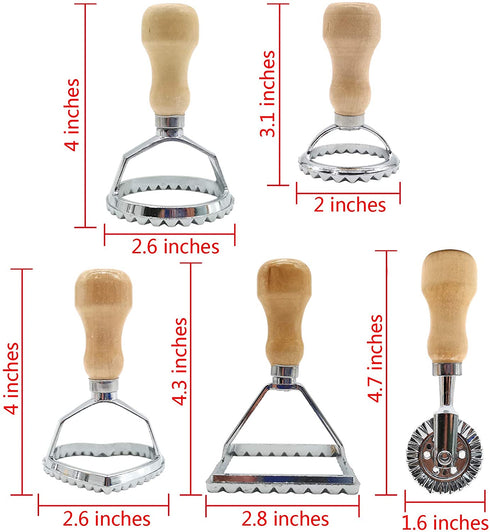 Ravioli Maker Cutter Stamp Mold - Stainless Steel 5 Sets Ravioli Maker Cutter , Wooden Handle Ravioli Maker Stamp, Mold for Cookies, Dumplings, Lasagna, Pierogi, Pasta and More. (Silver)