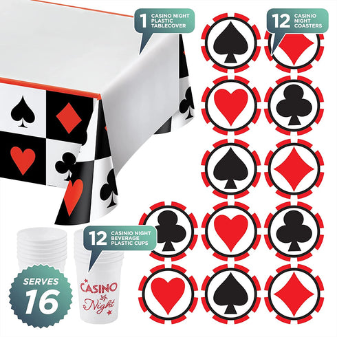 Casino Night Party Pack - Plastic Beverage Cups, Drink Coasters, and Table Cover Set (Serves 12)