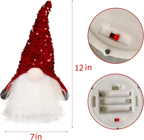 Juegoal 12" Lighted Christmas Gnome, Handmade Sequins Hat Scandinavian Swedish Tomte, Light Up Plush Elf Toy Holiday Present, Battery Operated Winter Tabletop Christmas Decorations, 2 Set