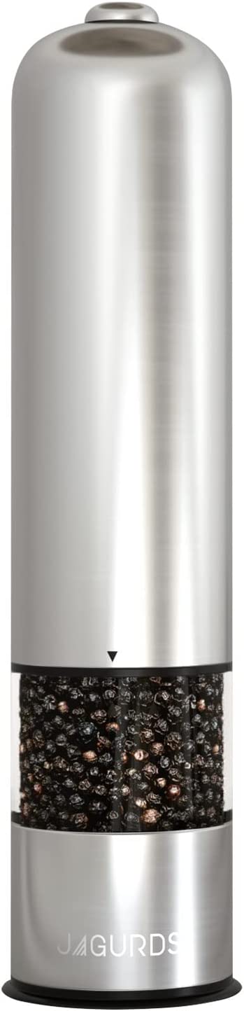 Electric Salt and Pepper Grinder - Automatic, Refillable, Battery Operated Stainless Steel Spice Mills with Light - One Handed Push Button Peppercorn Grinders and Sea Salt Mills