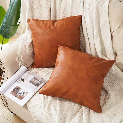 RutherCraft Pack of 2 Thick Faux Leather Throw Pillow Covers,Square Modern Decorative Throw Pillow Case for Farmhouse Sofa Couch Bed Car,18x18 Brown