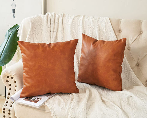 RutherCraft Pack of 2 Thick Faux Leather Throw Pillow Covers,Square Modern Decorative Throw Pillow Case for Farmhouse Sofa Couch Bed Car,18x18 Brown