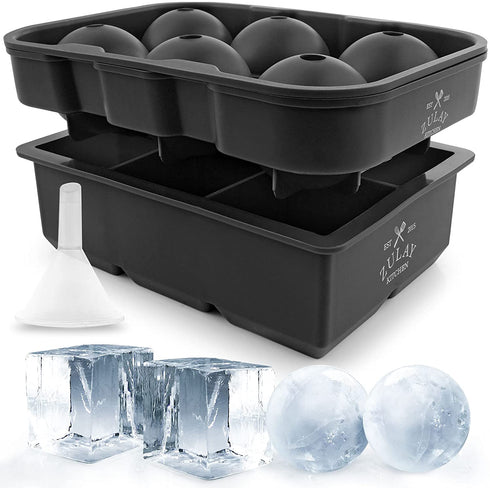 Zulay Kitchen Silicone Ice Cube Trays Set of 2 - Large Square Ice Cube Molds and Sphere Ice Ball Maker with Lid - BPA Free Reusable Ice Mold For Whiskey, Cocktails, Bourbon (Black)