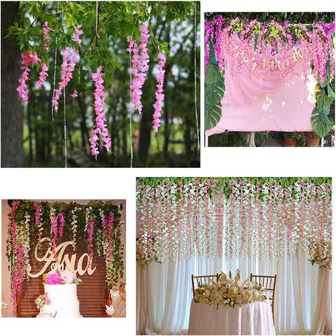 Oslimea 12 Pack 43.3 Feet Artificial Wisteria Vine Rattan Fake Wisteria Hanging Garland Flowers String Silk Wisteria Flower for Christmas Birthday Home Party Wedding Decor, Pink