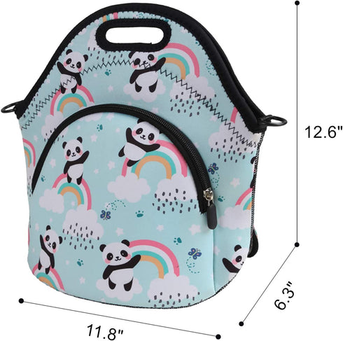 Violet Mist Neoprene Thermal Insulated Lunch Tote Bag Soft Large with Extra Pocket Detachable Adjustable Shoulder Lunchbox Handbags Women men (Rainbow Panda)