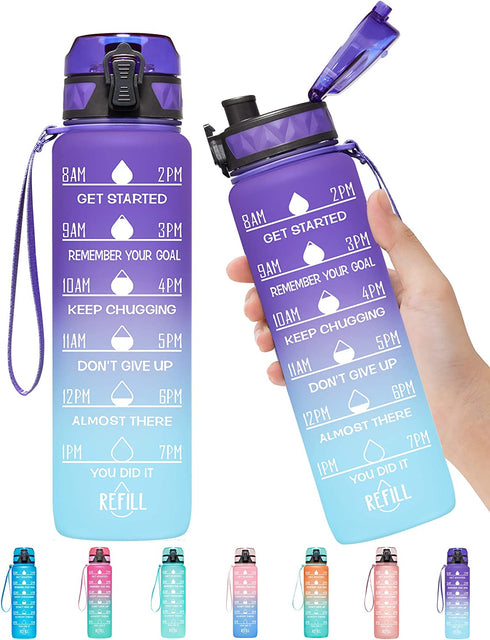 Elvira 32oz Motivational Fitness Sports Water Bottle with Time Marker & Removable Strainer,Fast Flow,Flip Top Leakproof Durable BPA Free Non-Toxic