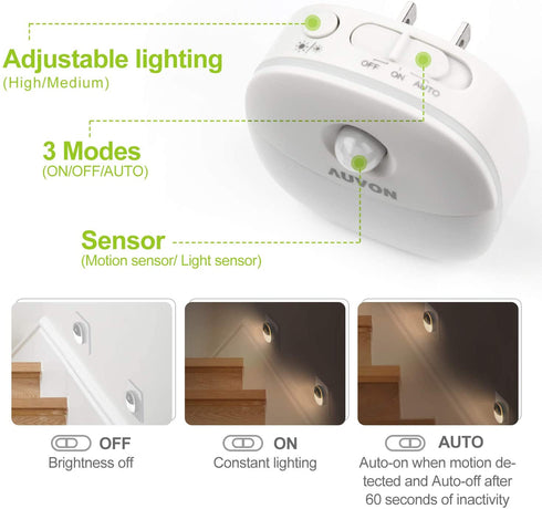 AUVON Plug-in LED Motion Sensor Night Light, Mini Warm White LED Nightlight with Dusk to Dawn Motion Sensor, Adjustable Brightness for Bedroom, Bathroom, Kitchen, Hallway, Stairs (4 Pack)