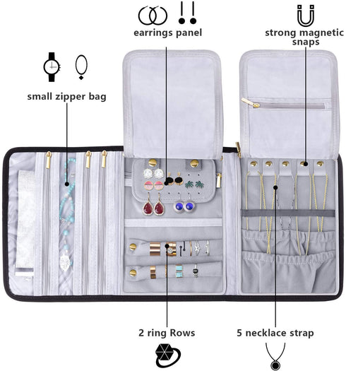 Teamoy Velvet Travel Jewelry Roll, Jewelry Storage Bag Organizer for Necklaces, Earrings, Bracelets, Rings, Brooches and More, Compact and Easy to Carry (Large, Velvet- Black)