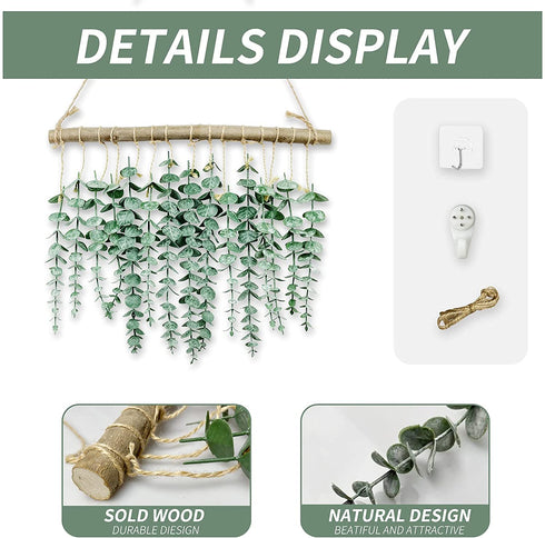 Artificial Eucalyptus Wall Hanging Decor - Fake Eucalyptus Leaves Greenery , Vines Wall Hanging Plants with Wooden Stick , Farmhouse Rustic Wall Decor for Wedding , Kitchen , Bedroom , Boho Home Decor