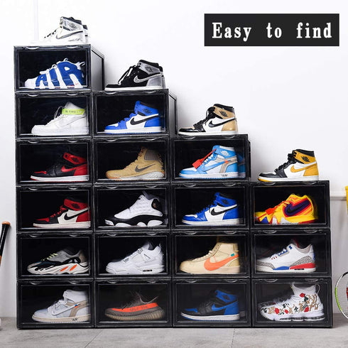 K.T.Z Shoe Boxes,Clear Plastic Shoe Box Magnetic Side Open Stackable Shoe Box (D Style Black, 2 PCS)
