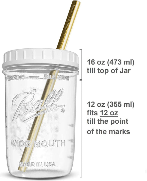 Reusable Wide Mouth Smoothie Cups Boba Tea Cups Bubble Tea Cups with Lids and Gold Straws Ball Mason Jars Glass Cups (2-pack, 16 oz mason jars) Brand Capsule Classic