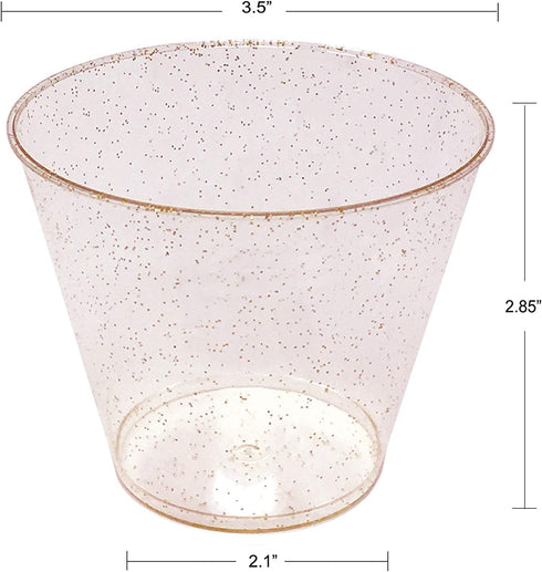 JL Prime 100 Rose Gold Glitter Plastic Cups, 9 Oz Heavy Duty Reusable Disposable Rose Gold Glitter Clear Plastic Cups, Old Fashioned Tumblers, Hard Plastic Drinking Cups for Party and Wedding