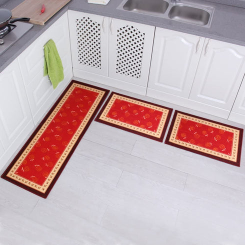 Carvapet Non-Slip Kitchen Mat Set Rubber Backing Doormat Runner Rug Set, Rose Design (Red 15"x47"+15"x23"+15"x23")