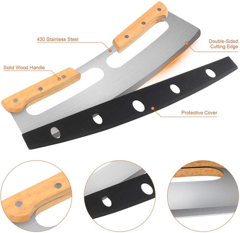 14" Pizza Cutter Rocker with Wooden Handles, Sharp Stainless Steel Pizza Slicer Knife Blade with Protective Cover, Upgrade Accessories Chopper for Pie Pizza Making Kit by Lascritta (14 inches)