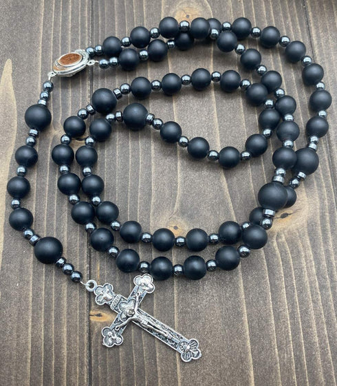 Nazareth Store Black Matte Agate Beads Rosary with Hematite Stones Catholic Necklace Jerusalem Holy Soil & Cross Crucifix in Velvet Bag