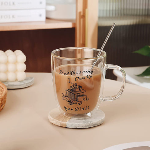 Gezzeny Glass Coffee Mugs, 12.5 Oz Set of 2 Insulated Double Wall Glass Coffee Mugs with Handle & Spoons, Crystal Clear Glass Coffee Cups Espresso cups for Cappuccino, Tea, Latte, Beverage Hot/Cold